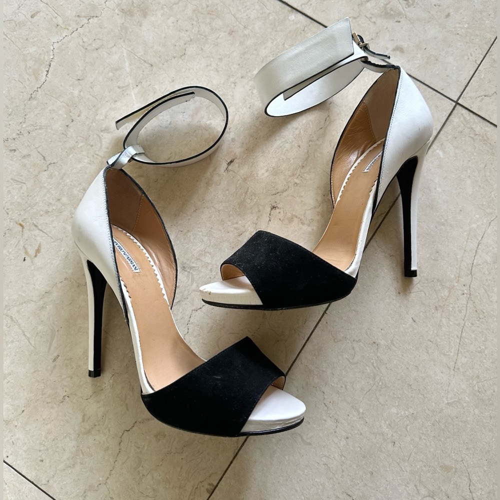 Emporio Armani ⬇️SALE Black and White Suede Calfskin Sandals Heels 37.5